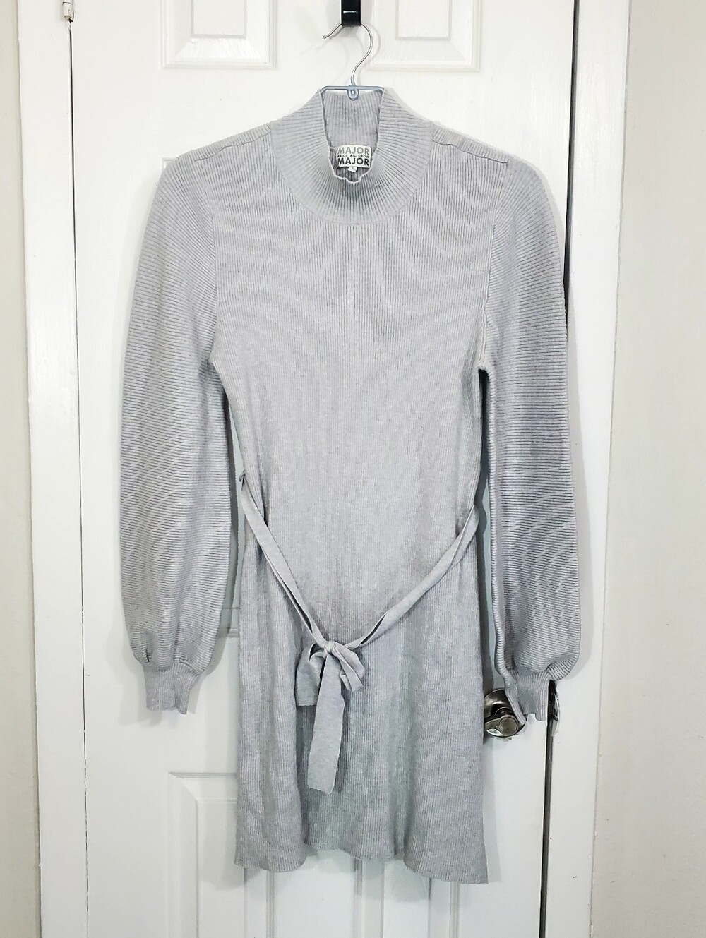 MAJOR MAJOR Puff Lantern Sleeves Rib-knit Sweater Dress sz LG Heather Grey
